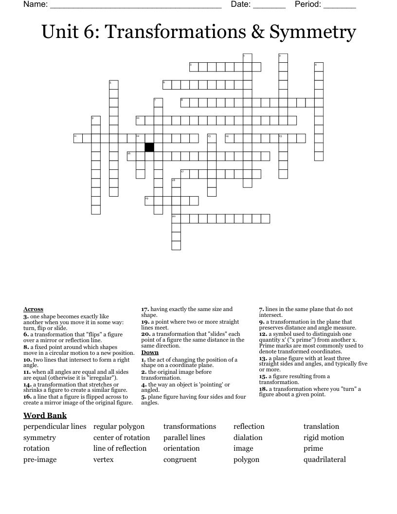 Unit 6: Transformations & Symmetry Crossword
