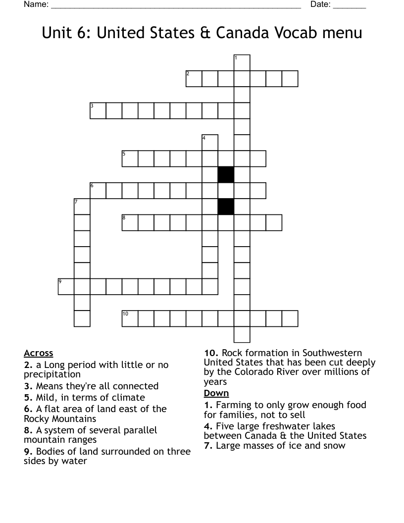 Unit 6: United States & Canada Vocab menu Crossword