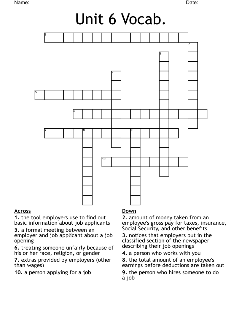 Unit 6 Vocab. Crossword