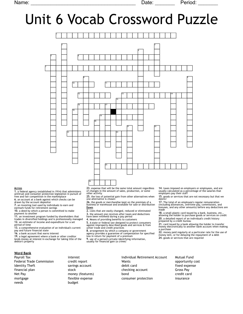 Unit 6 Vocab Crossword Puzzle