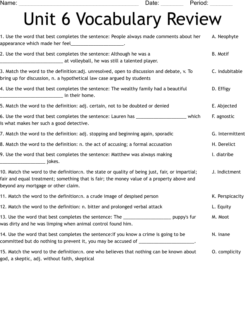 Unit 6 Vocabulary Review Worksheet