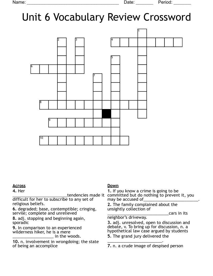 Unit 6 Vocabulary Review Crossword
