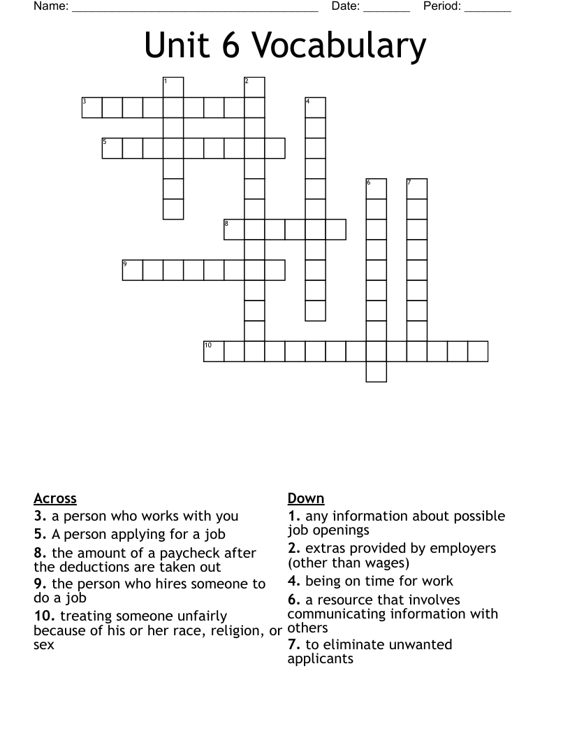 Unit 6 Vocabulary  Crossword