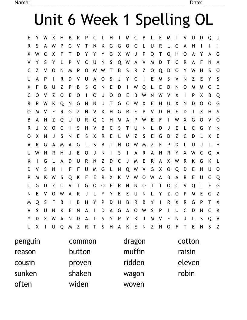 Unit 6 Week 1 Spelling OL Word Search
