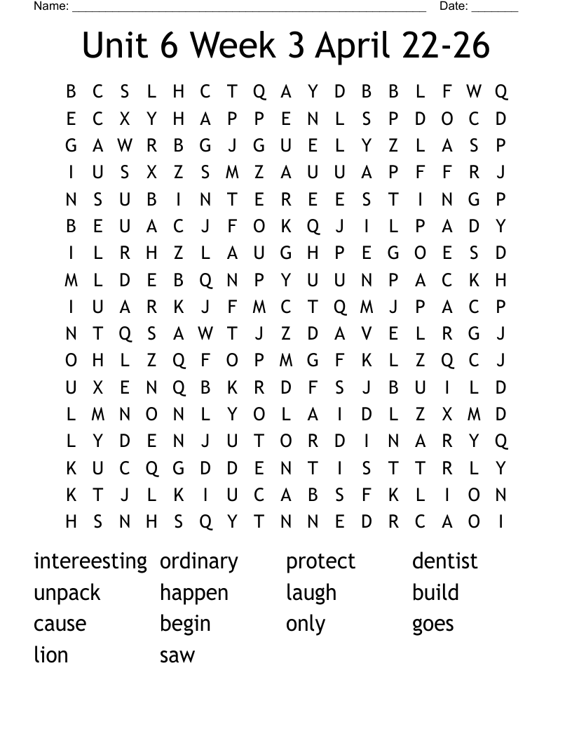 Unit 6 Week 3 April 22-26 Word Search
