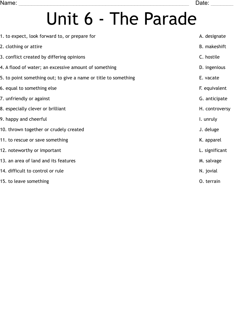 Unit 6 - The Parade Worksheet