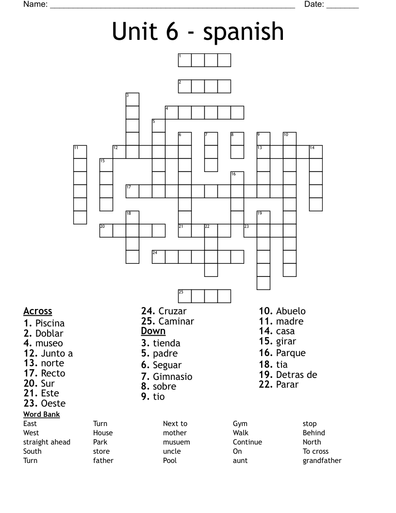 Unit 6 - spanish  Crossword