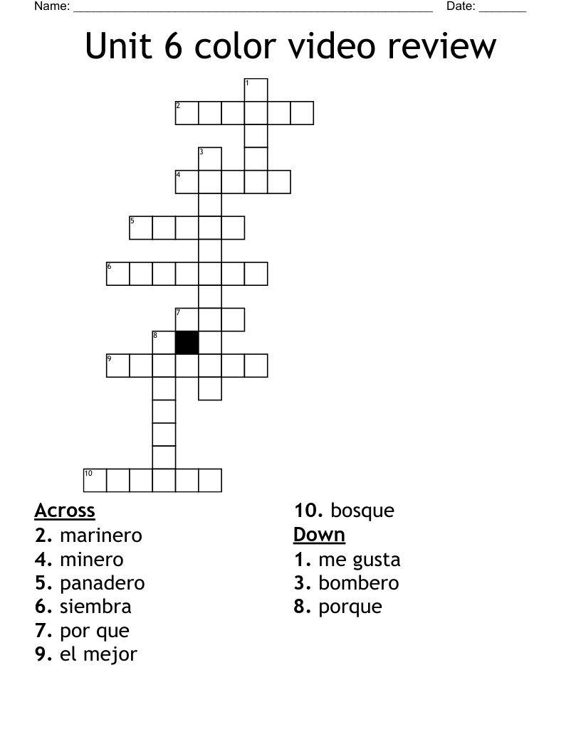 Unit 6 color video review Crossword