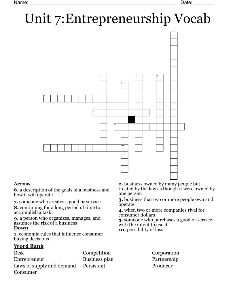 Unit 7:Entrepreneurship Vocab Crossword