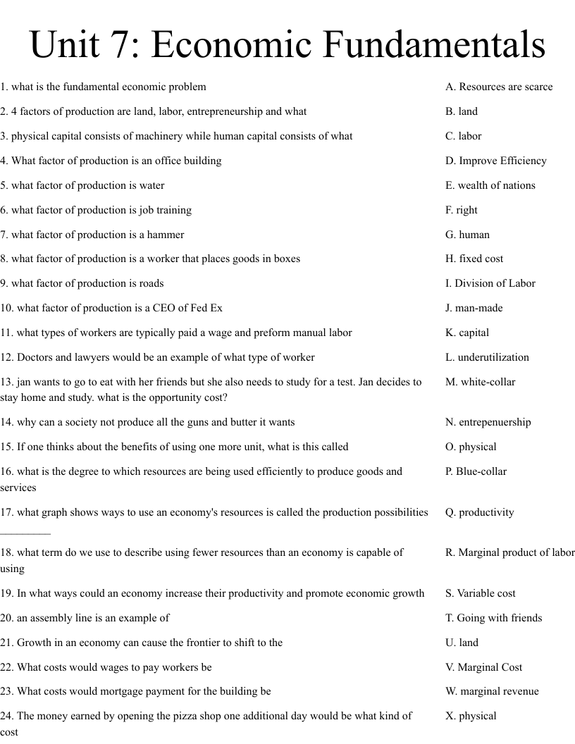 Unit 7: Economic Fundamentals Worksheet