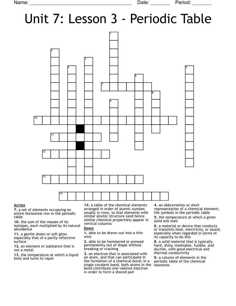 Unit 7: Lesson 3 - Periodic Table Crossword