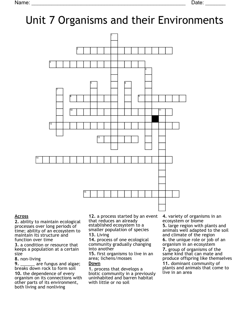 Unit 7 Organisms and their Environments Crossword