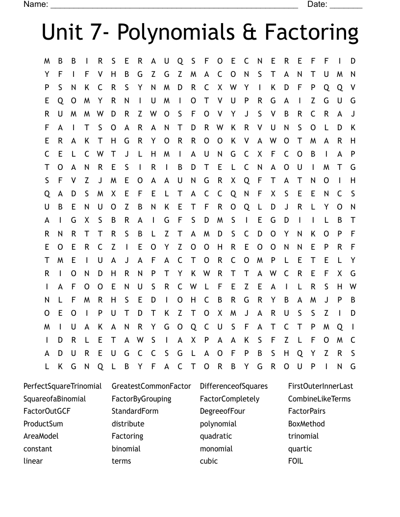 Unit 7- Polynomials & Factoring Word Search