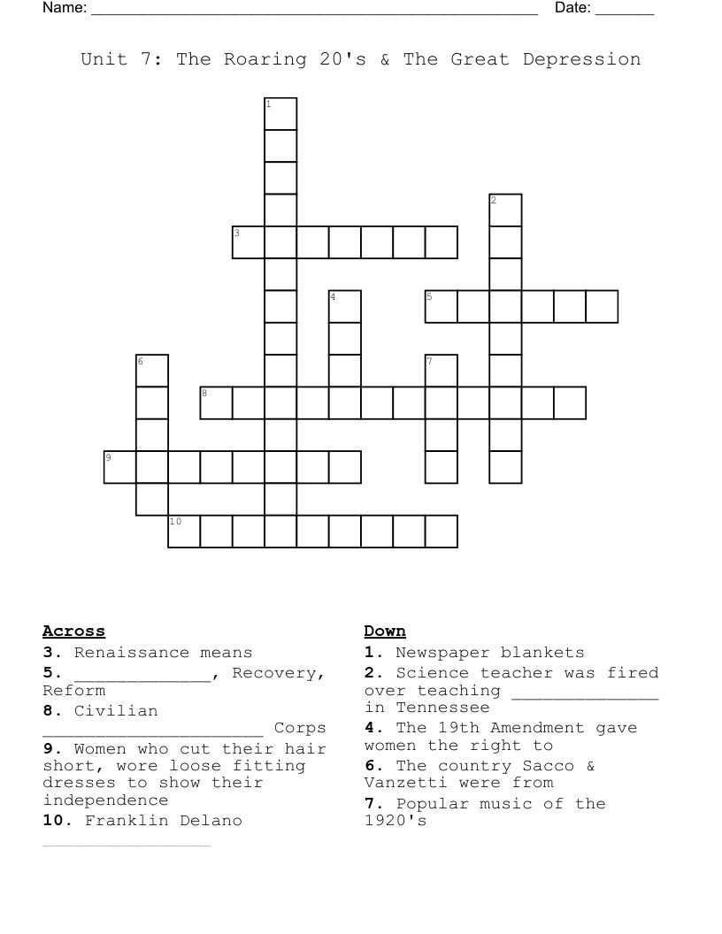 Unit 7: The Roaring 20's & The Great Depression  Crossword