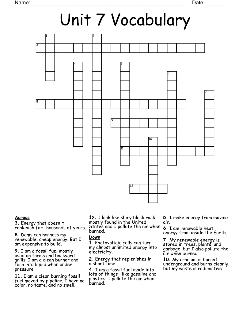 Unit 7 Vocabulary Crossword