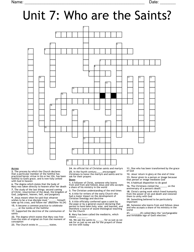 Unit 7: Who are the Saints? Crossword