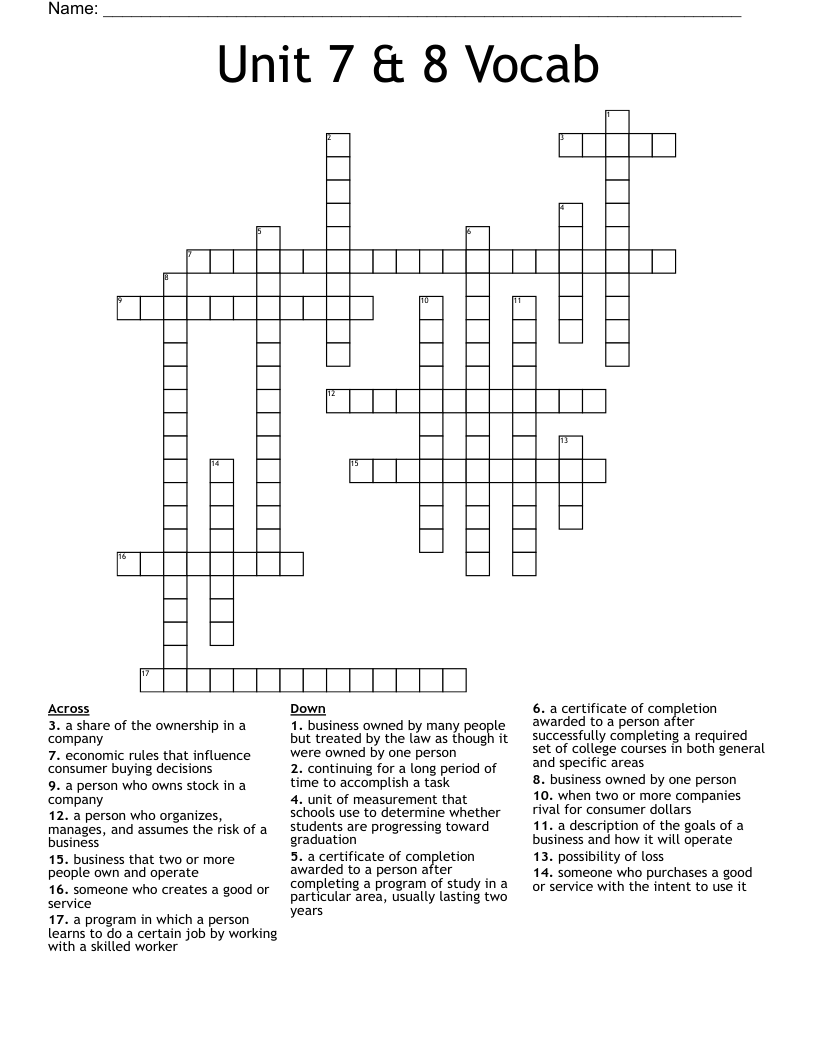 Unit 7 & 8 Vocab Crossword