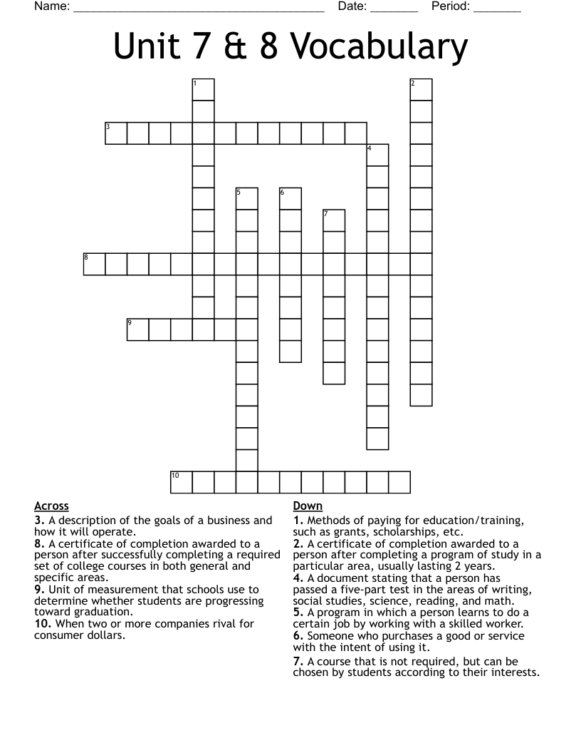 Unit 7 & 8 Vocabulary  Crossword