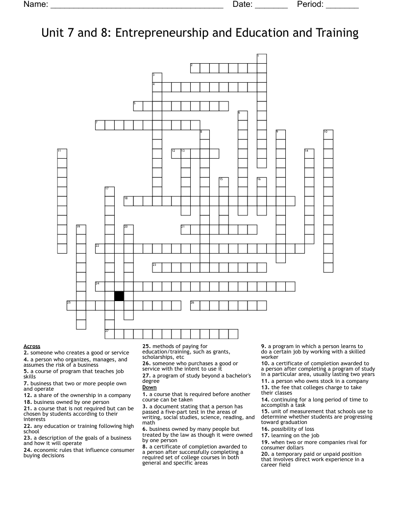 Unit 7 and 8: Entrepreneurship and Education and Training Crossword