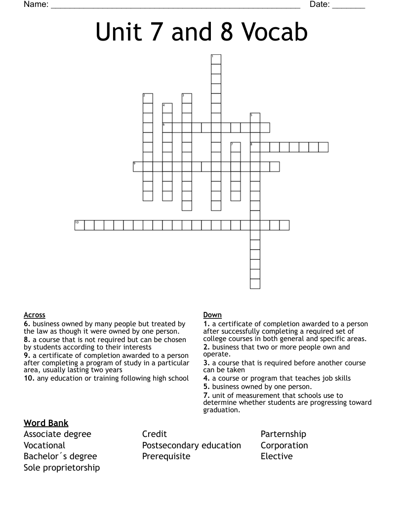 Unit 7 and 8 Vocab Crossword