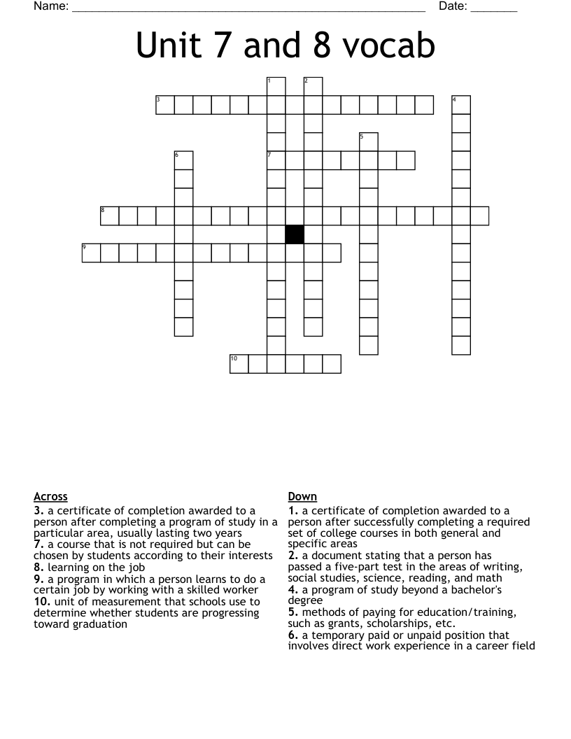 Unit 7 and 8 vocab Crossword