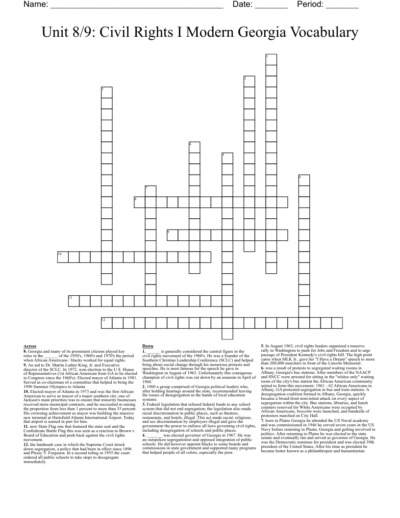 Unit 8/9: Civil Rights I Modern Georgia Vocabulary Crossword