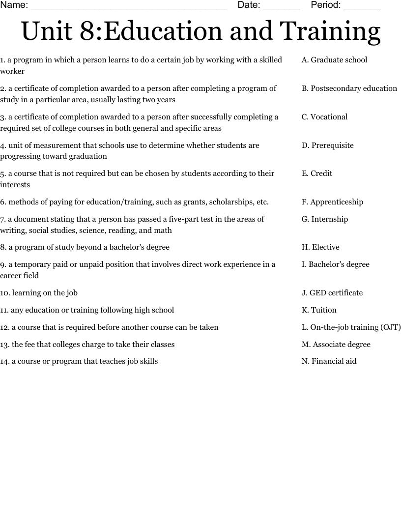 Unit 8:Education and Training Worksheet