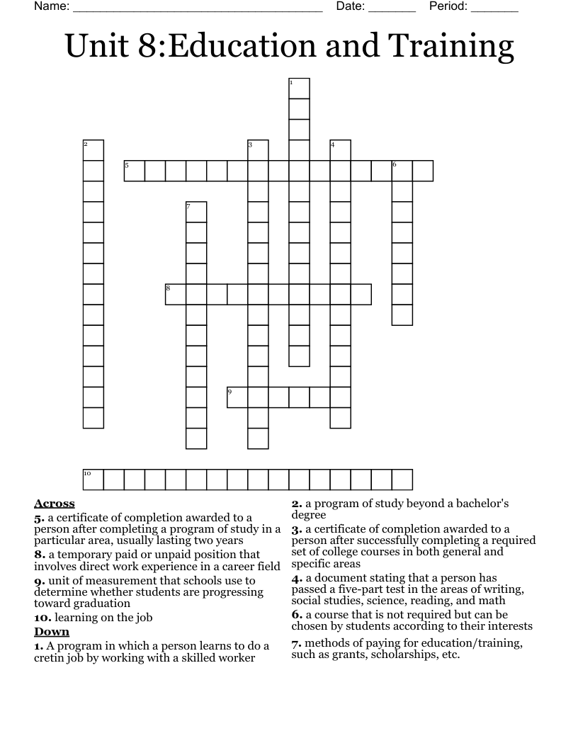 Unit 8:Education and Training  Crossword