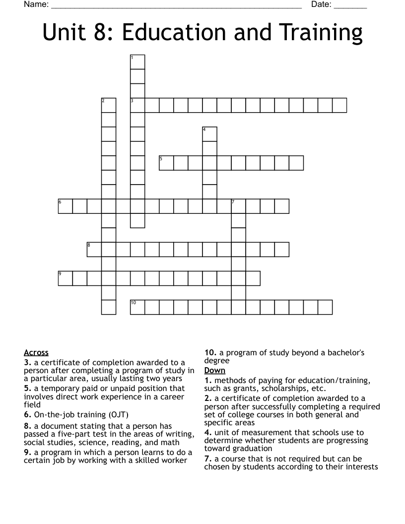 Unit 8: Education and Training Crossword