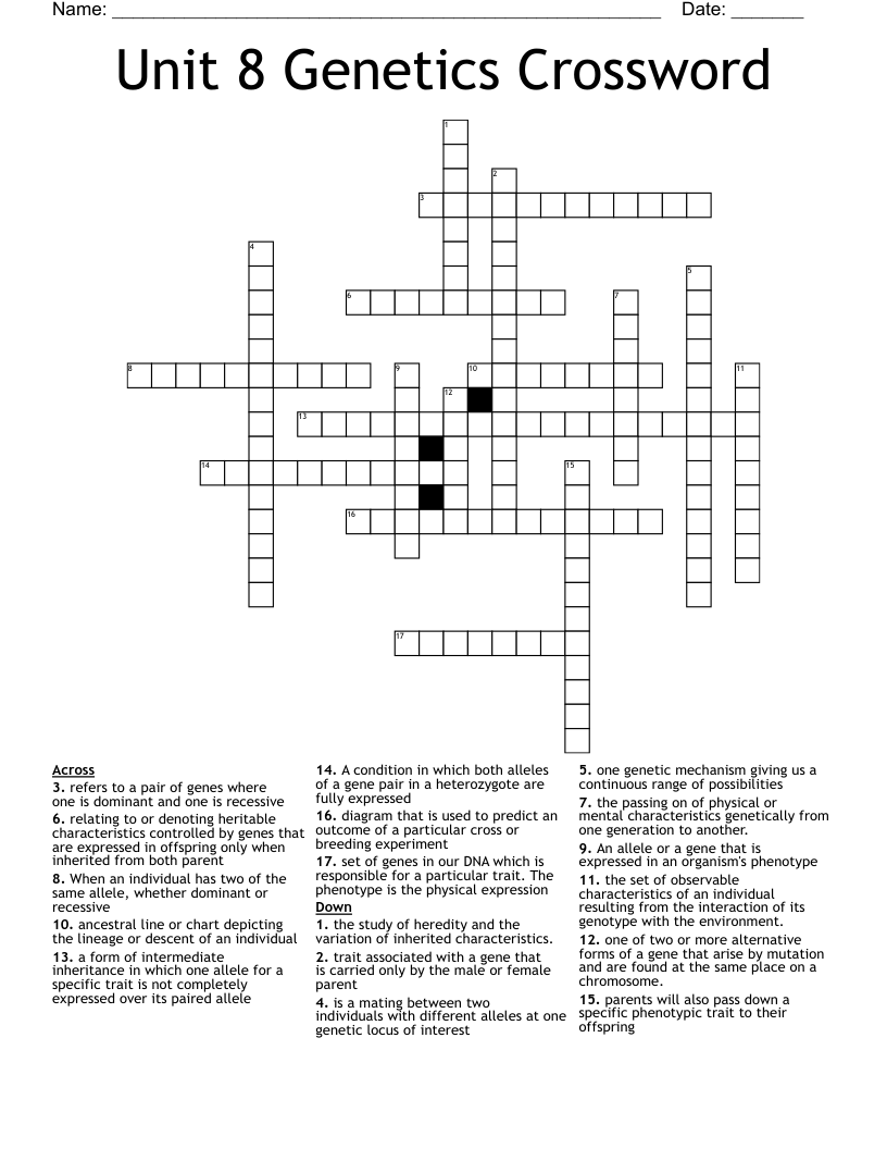 Unit 8 Genetics Crossword