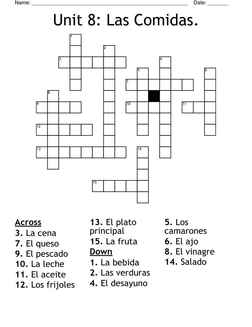 Unit 8: Las Comidas. Crossword