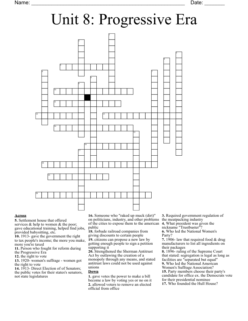 Unit 8: Progressive Era Crossword