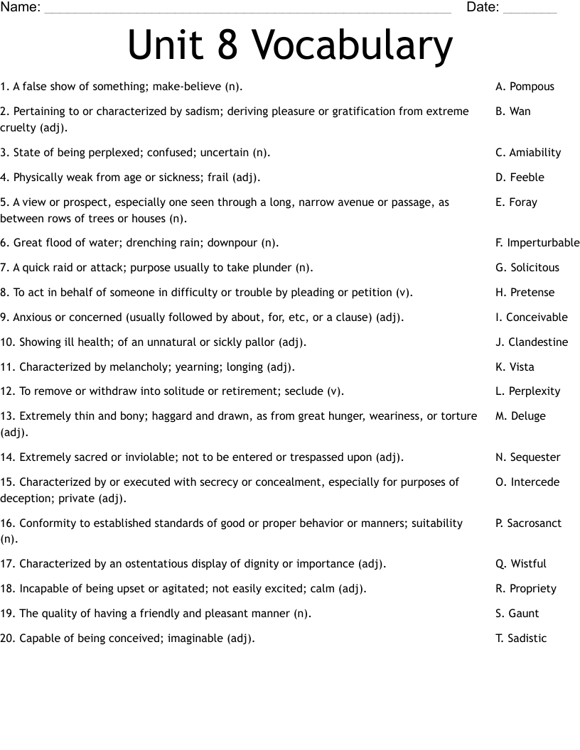 Unit 8 Vocabulary Worksheet