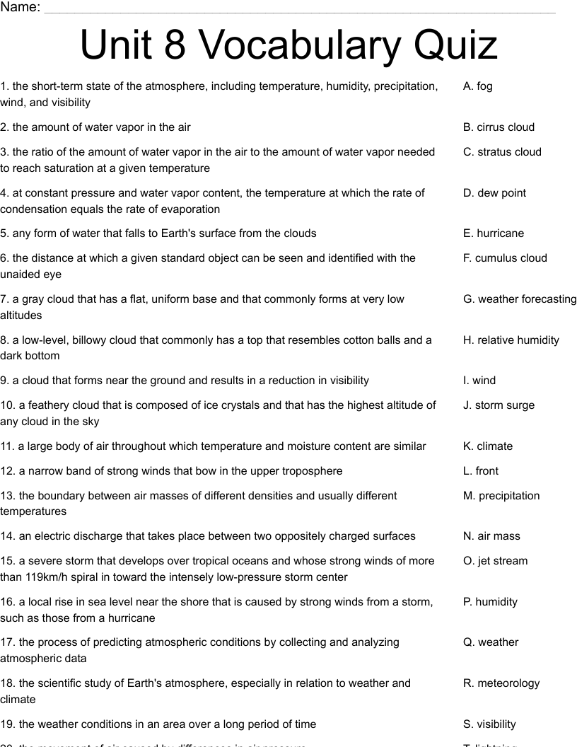 Unit 8 Vocabulary Quiz Worksheet