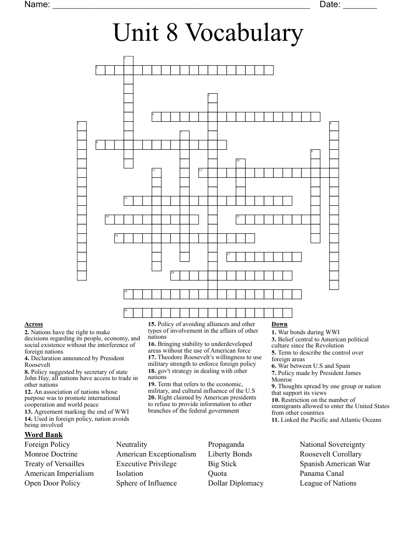 Unit 8 Vocabulary  Crossword