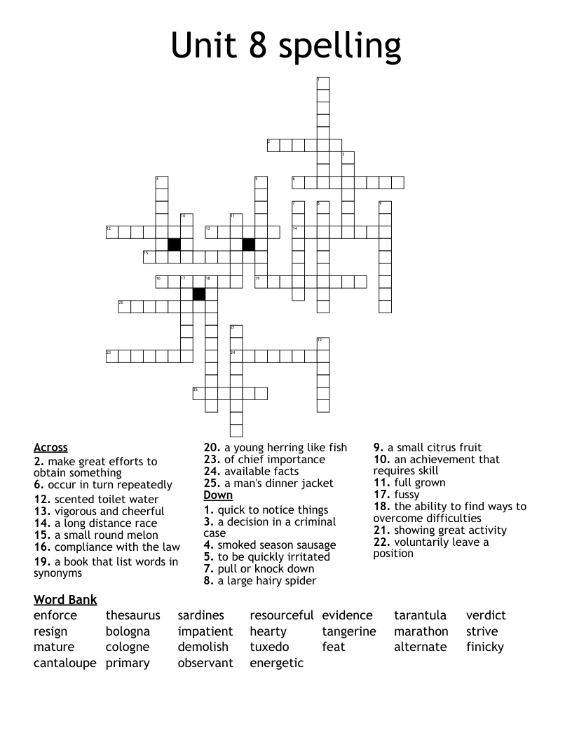 Unit 8 spelling Crossword