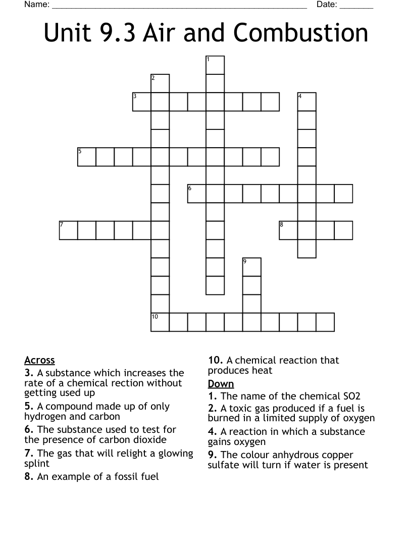 Unit 9.3 Air and Combustion Crossword