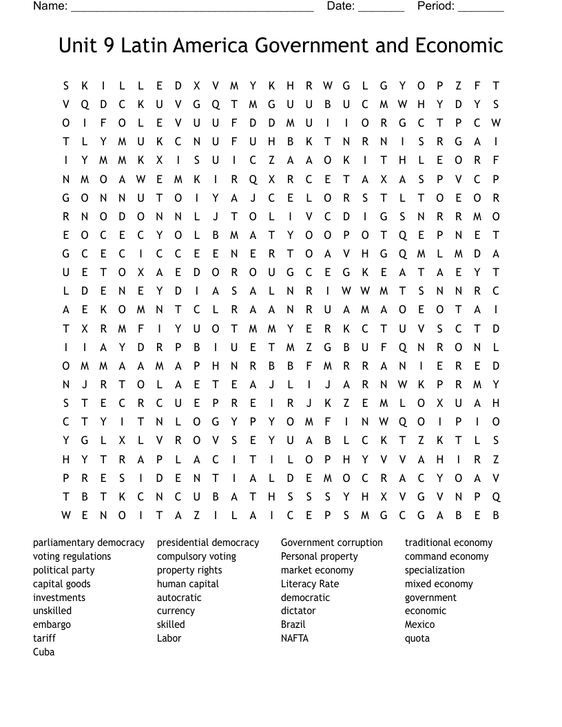 Unit 9 Latin America Government and Economic Word Search