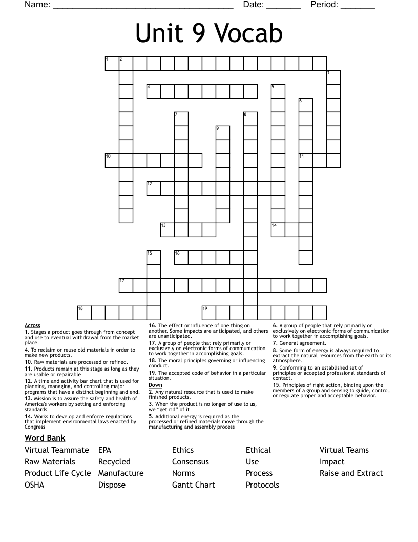 Unit 9 Vocab Crossword