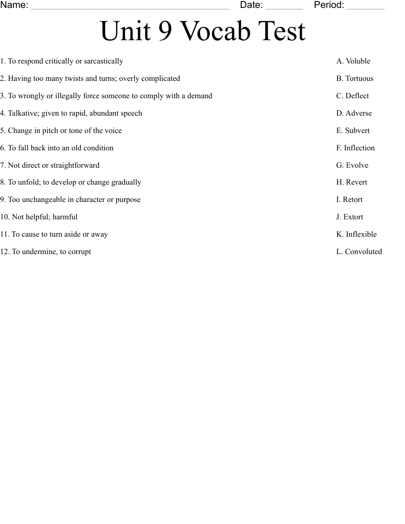 Unit 9 Vocab Test Worksheet