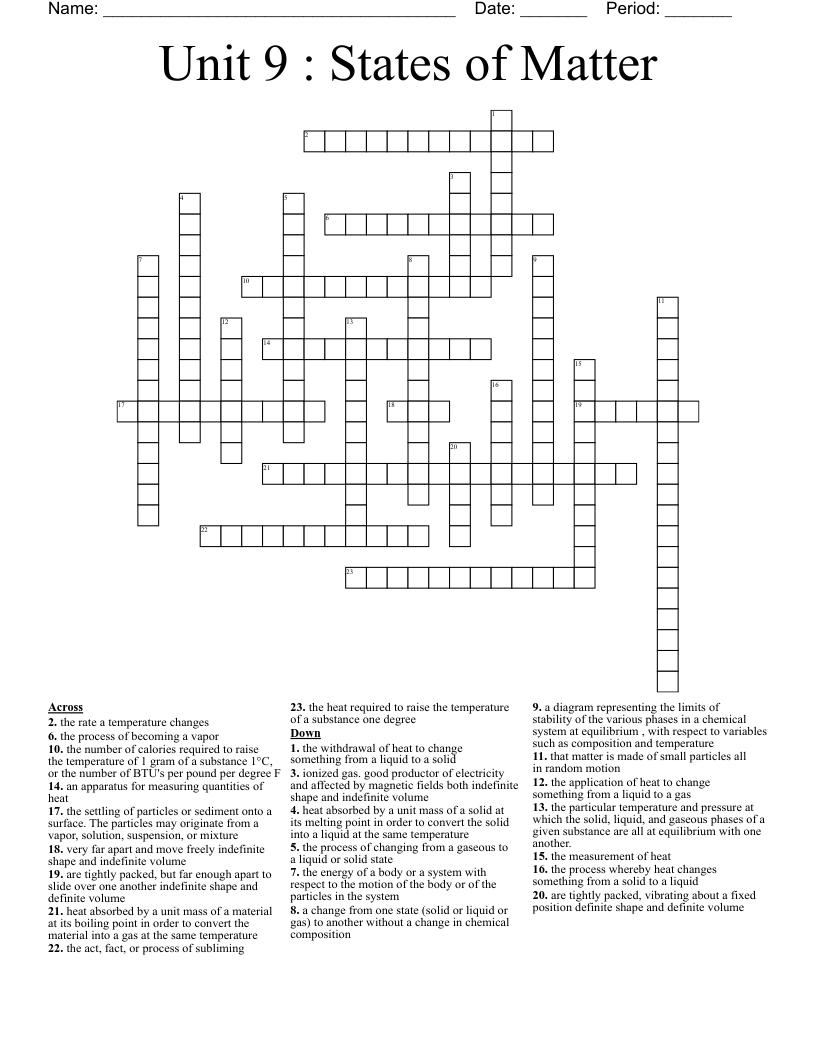 Unit 9 : States of Matter  Crossword