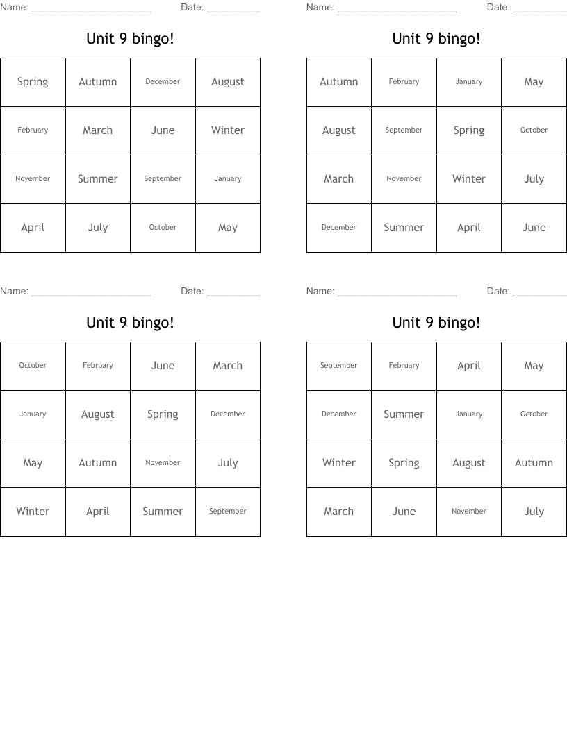 Unit 9 bingo!