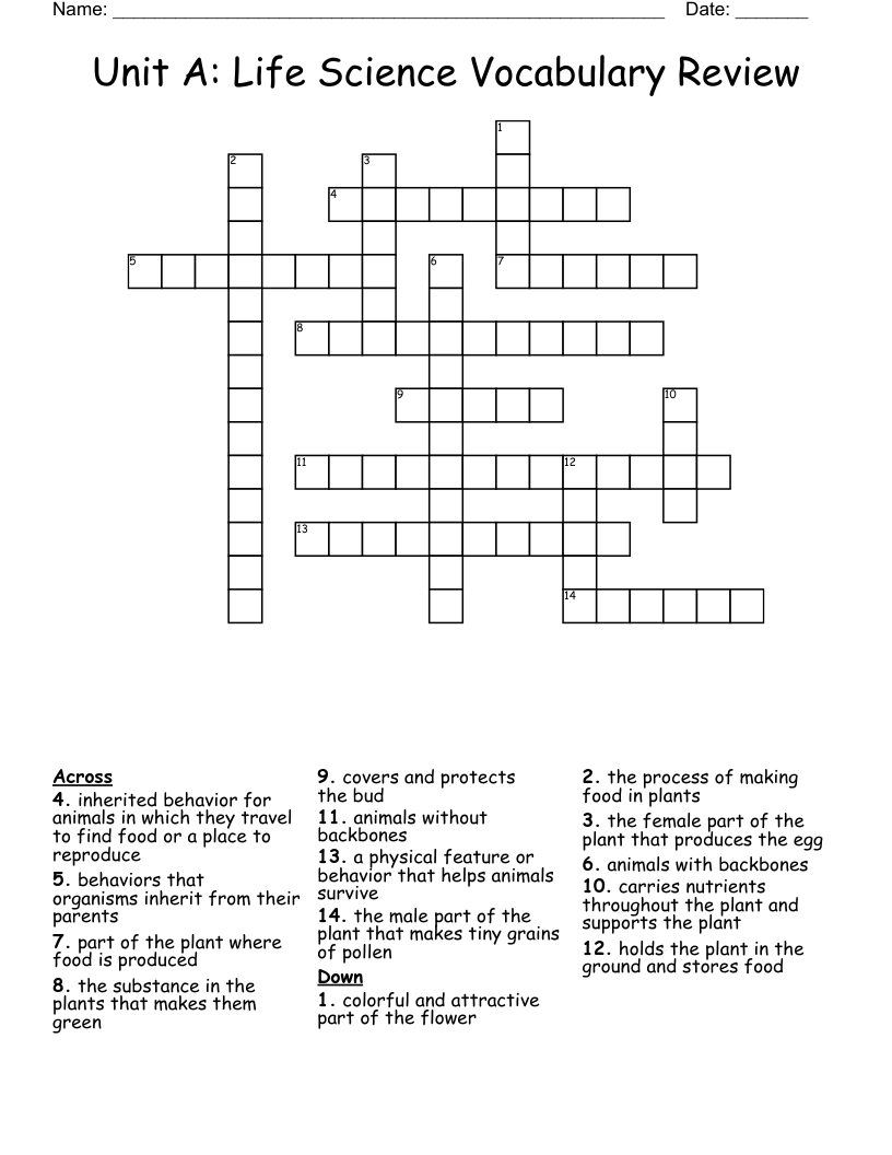 Unit A: Life Science Vocabulary Review Crossword