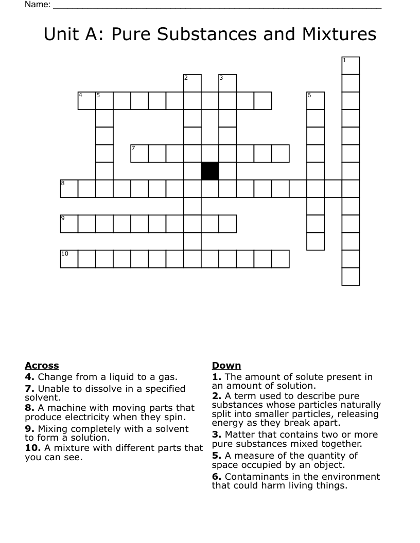 Unit A: Pure Substances and Mixtures Crossword