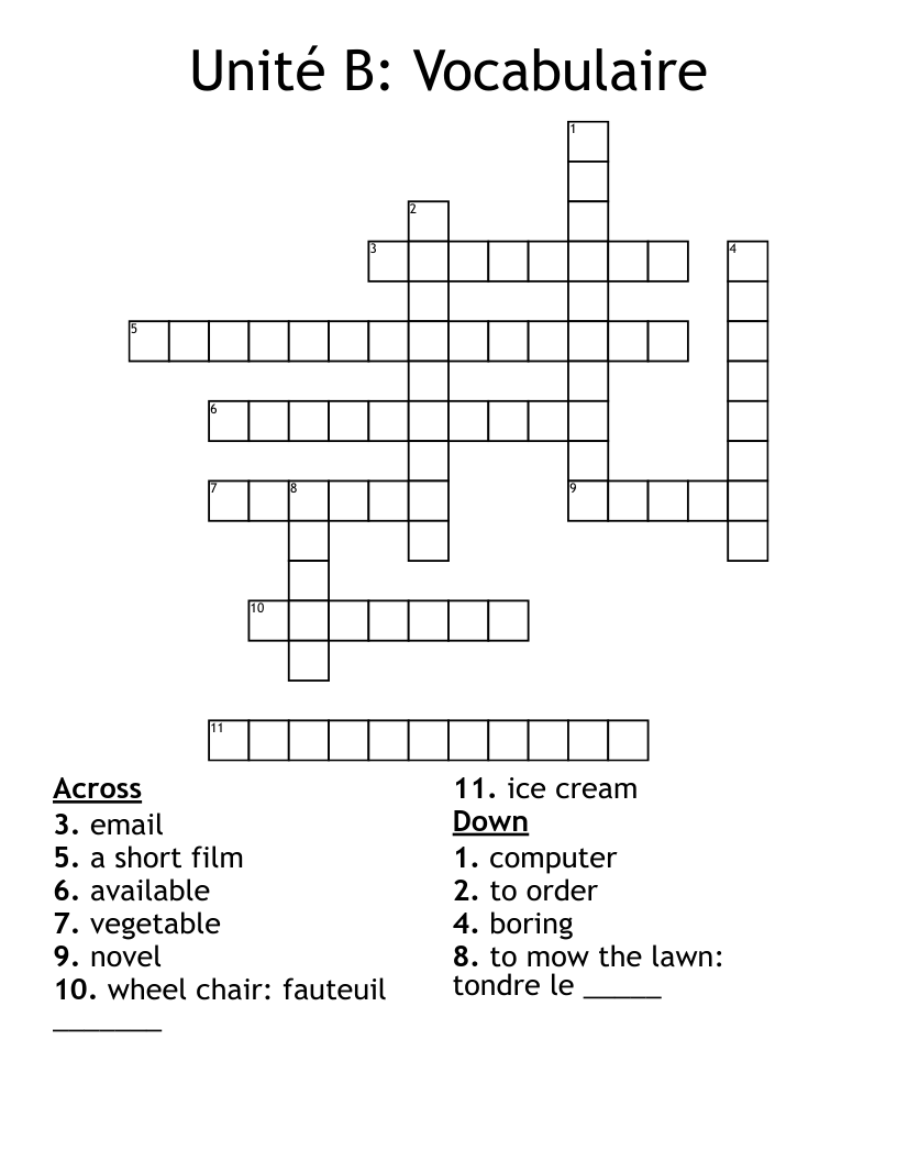 Unité B:  Vocabulaire Crossword