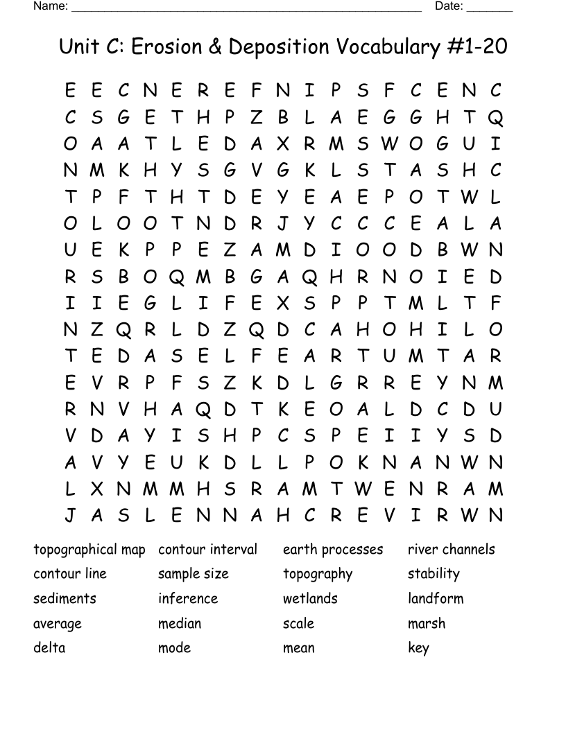 Unit C: Erosion & Deposition Vocabulary #1-20 Word Search