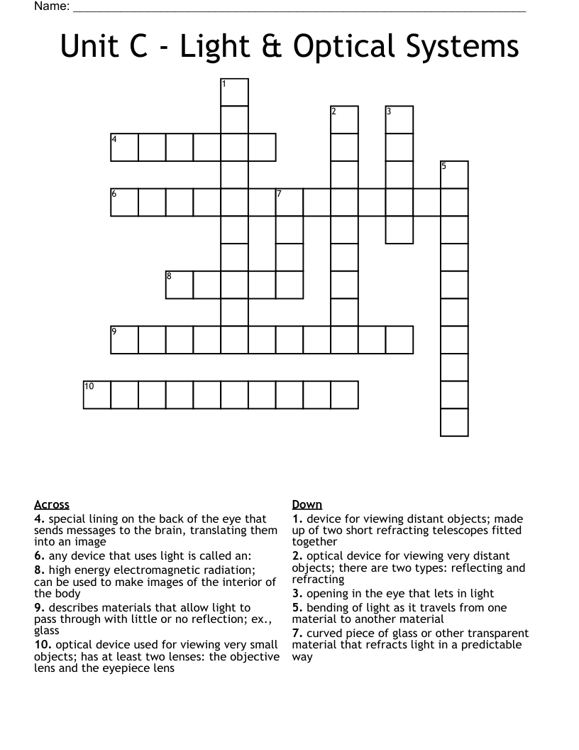 Unit C - Light & Optical Systems Crossword
