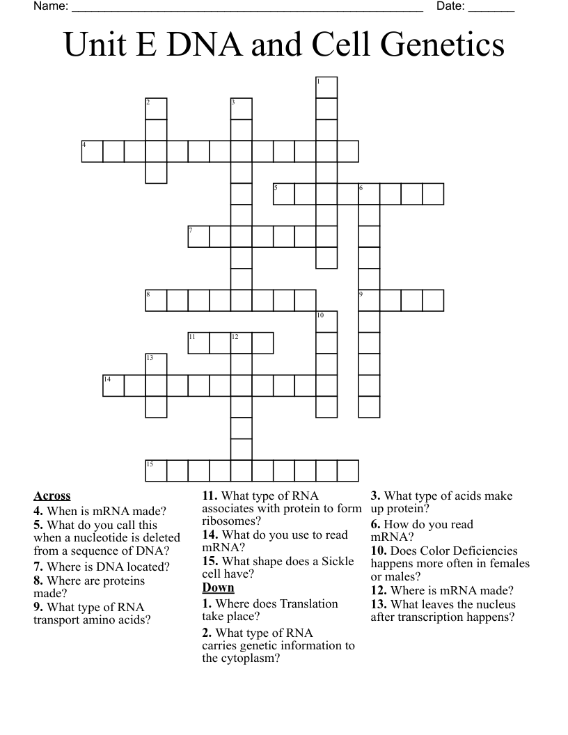 Unit E DNA and Cell Genetics Crossword