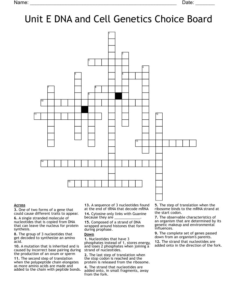 Unit E DNA and Cell Genetics Choice Board Crossword