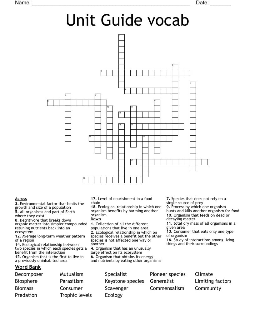 Unit Guide vocab  Crossword